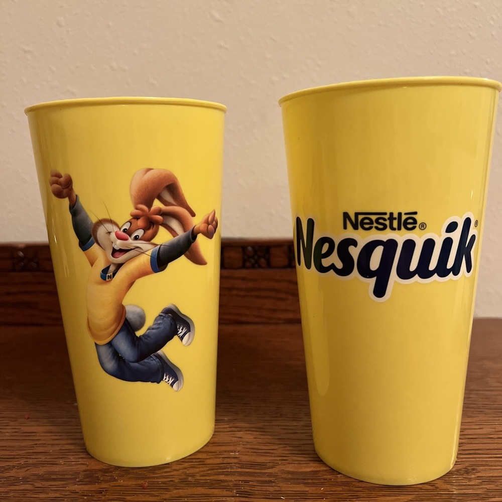 2 Nesquik Bunny Yellow Tall Plastic Cups Tumblers Rabbit Nestle Nesquick Promo